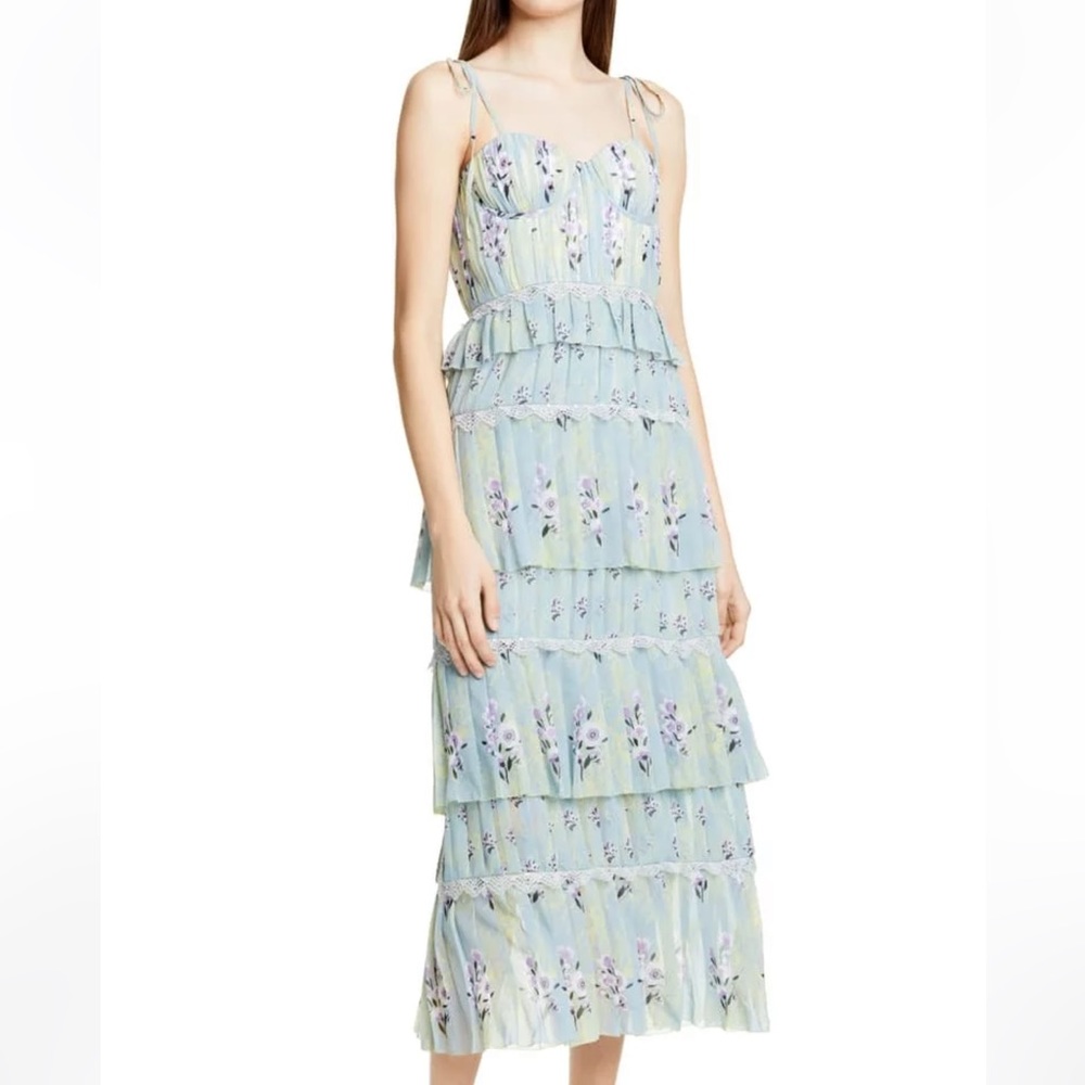 Self Portrait Floral Pleated Tiered Chiffon Midi Dress